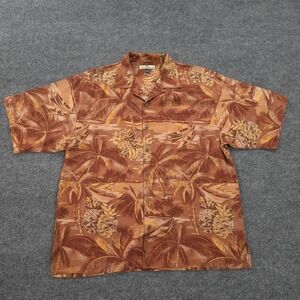 Tommy Bahama Shirt Mens L Brown Silk Hawaiian Pineapple Scenic Aloha Beach Camp